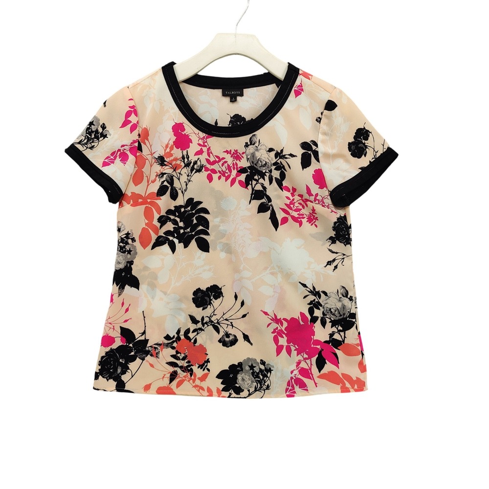 Talbots Women Romantic Floral Cottagecore Blouse 2 Sheer Top Peach Short Sleeve